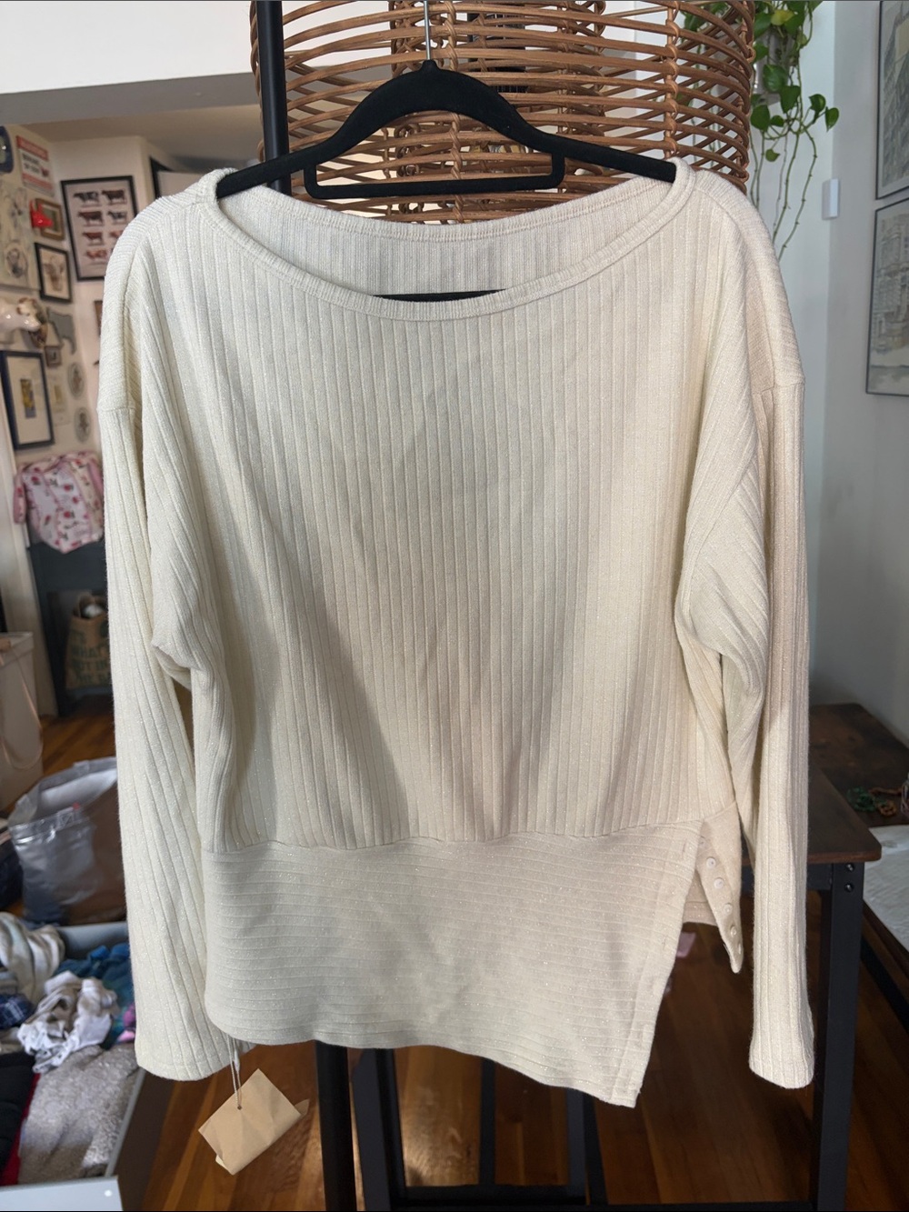 OGL Cream/Sparkly Ribbed Long-Sleeve Boatneck Top